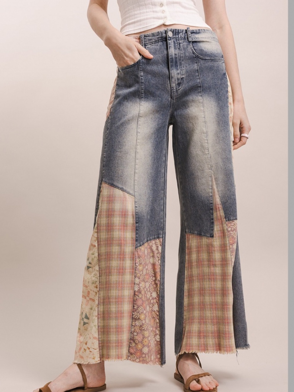 Patchwork Wide-Leg Cropped Jeans - Blue and Multi 🌷